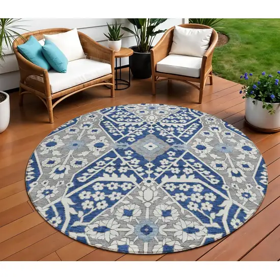 8' Navy Blue Gray And Ivory Round Floral Washable Indoor Outdoor Area Rug Photo 1