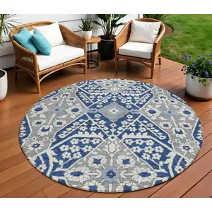 Photo of 8' Navy Blue Gray And Ivory Round Floral Washable Indoor Outdoor Area Rug