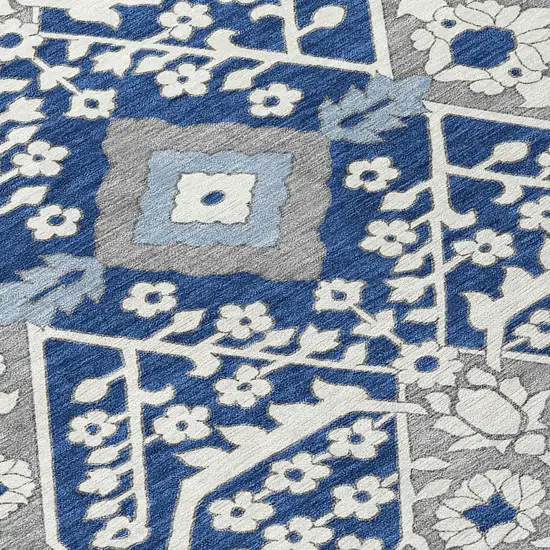 8' Navy Blue Gray And Ivory Round Floral Washable Indoor Outdoor Area Rug Photo 5