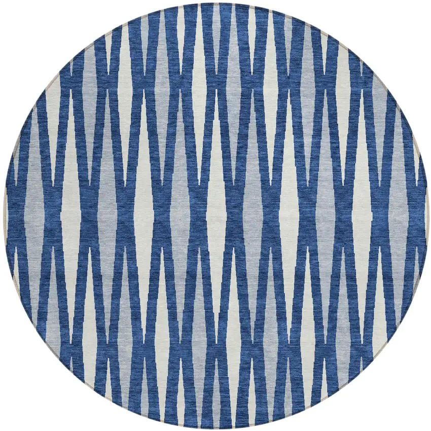 8' Navy Blue Gray And Ivory Round Geometric Washable Indoor Outdoor Area Rug Photo 2