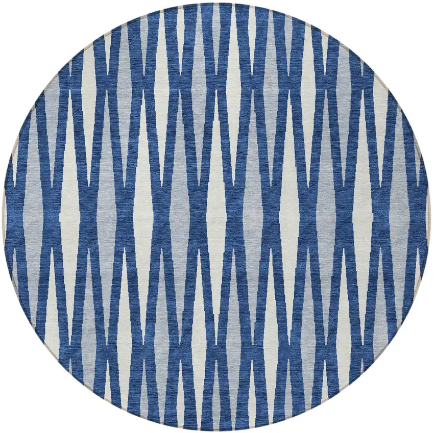8' Navy Blue Gray And Ivory Round Geometric Washable Indoor Outdoor Area Rug Photo 5