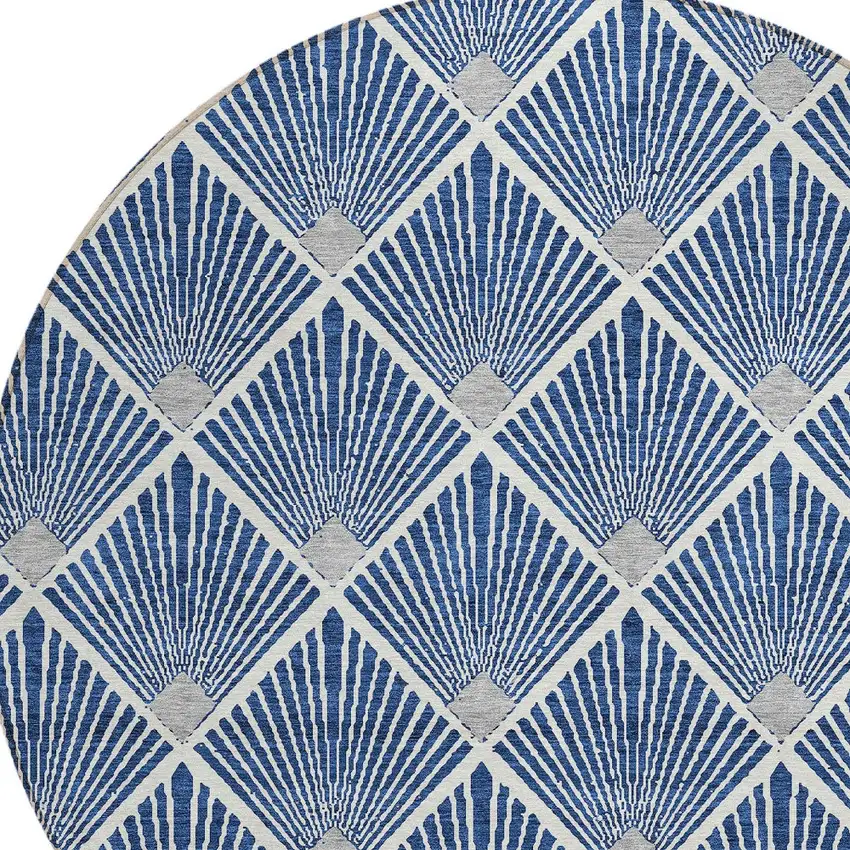 8' Navy Blue Gray And Ivory Round Geometric Washable Indoor Outdoor Area Rug Photo 4
