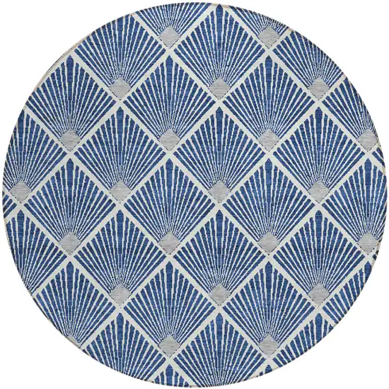 8' Navy Blue Gray And Ivory Round Geometric Washable Indoor Outdoor Area Rug Photo 2
