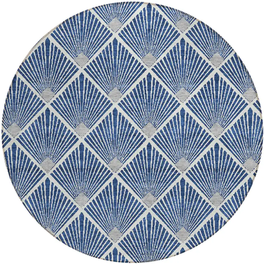 8' Navy Blue Gray And Ivory Round Geometric Washable Indoor Outdoor Area Rug Photo 2