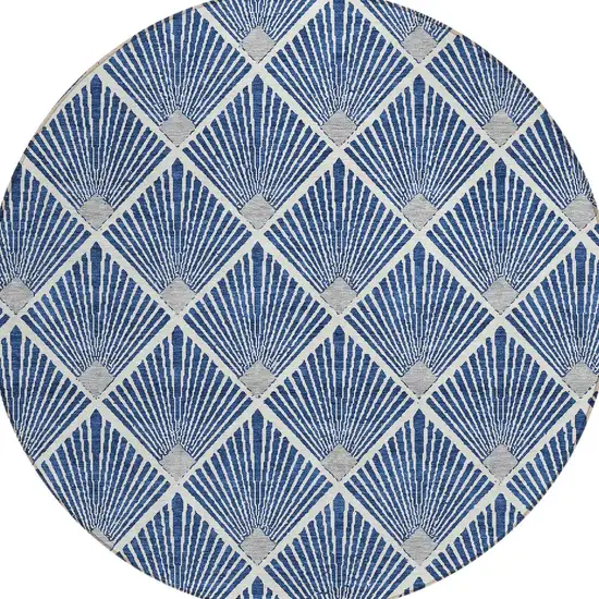 8' Navy Blue Gray And Ivory Round Geometric Washable Indoor Outdoor Area Rug Photo 6