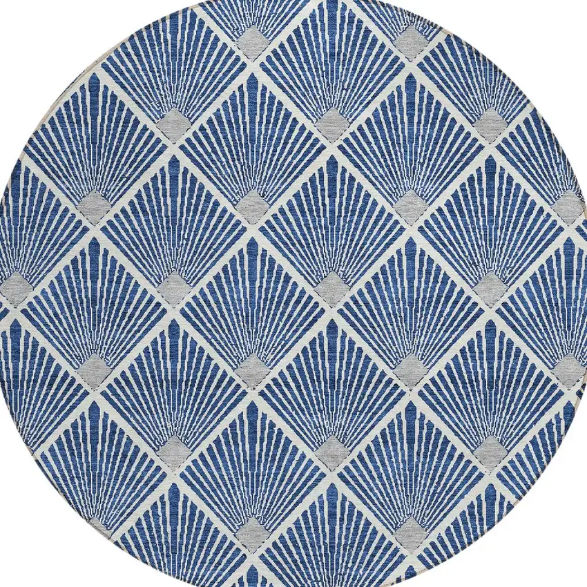 8' Navy Blue Gray And Ivory Round Geometric Washable Indoor Outdoor Area Rug Photo 6