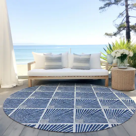 8' Navy Blue Gray And Ivory Round Geometric Washable Indoor Outdoor Area Rug Photo 7
