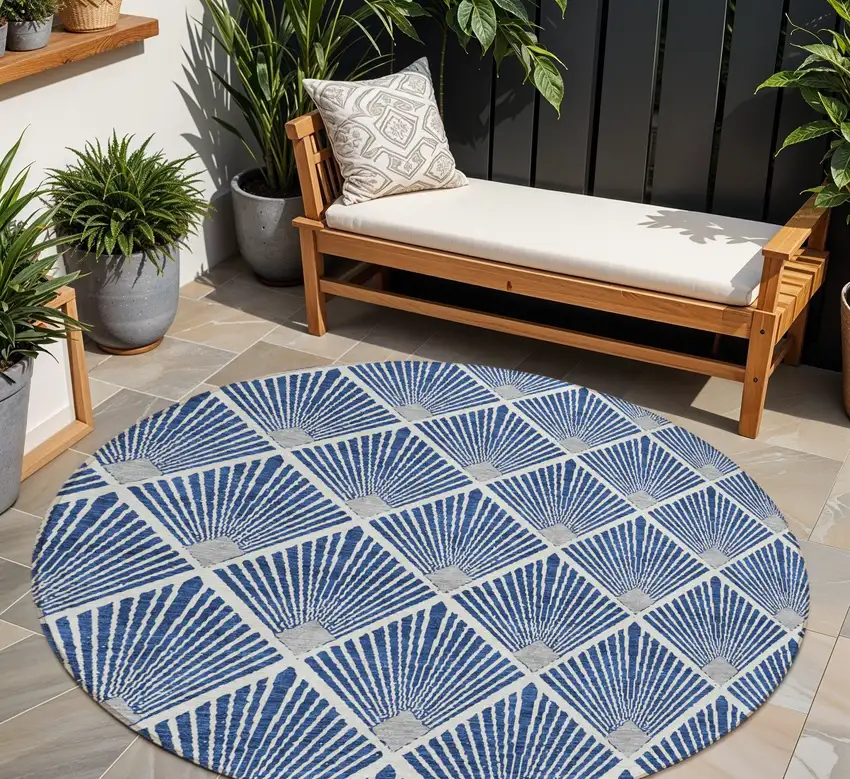 8' Navy Blue Gray And Ivory Round Geometric Washable Indoor Outdoor Area Rug Photo 1