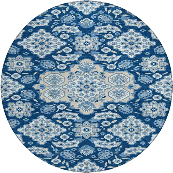 8' Navy Blue Gray And Ivory Round Medallion Washable Indoor Outdoor Area Rug Photo 1