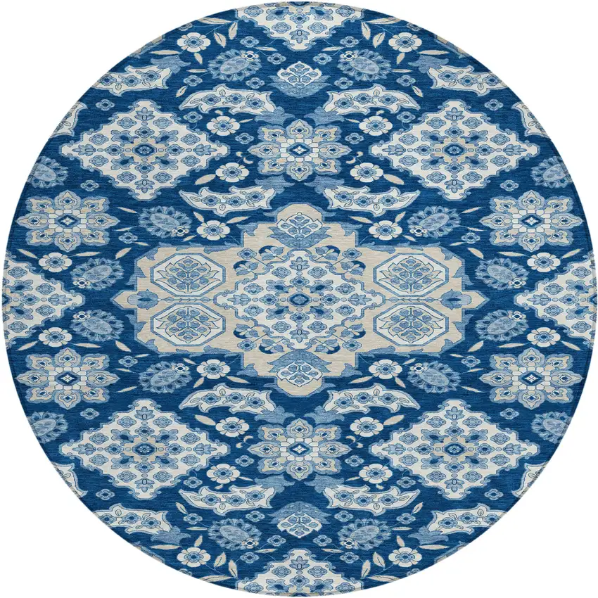 8' Navy Blue Gray And Ivory Round Medallion Washable Indoor Outdoor Area Rug Photo 1