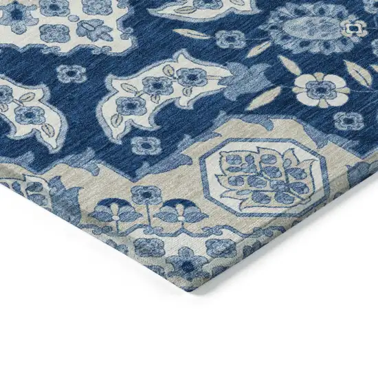 8' Navy Blue Gray And Ivory Round Medallion Washable Indoor Outdoor Area Rug Photo 7