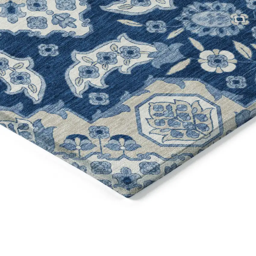 8' Navy Blue Gray And Ivory Round Medallion Washable Indoor Outdoor Area Rug Photo 7