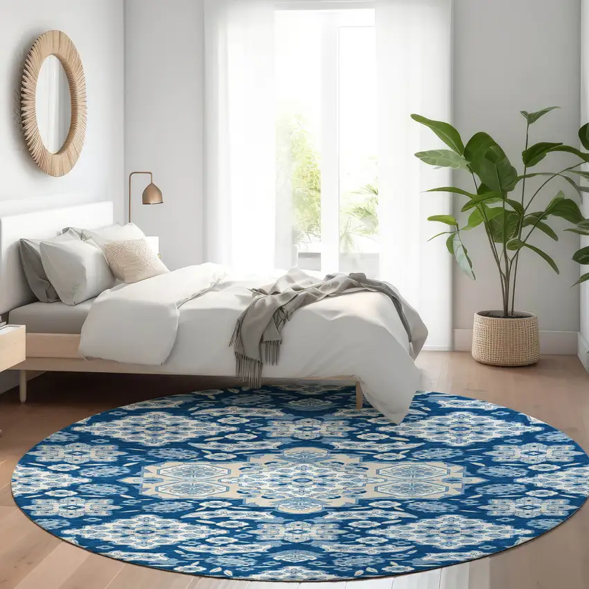 8' Navy Blue Gray And Ivory Round Medallion Washable Indoor Outdoor Area Rug Photo 6