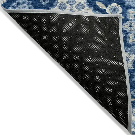 8' Navy Blue Gray And Ivory Round Medallion Washable Indoor Outdoor Area Rug Photo 9