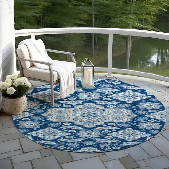 8' Navy Blue Gray And Ivory Round Medallion Washable Indoor Outdoor Area Rug Photo 5