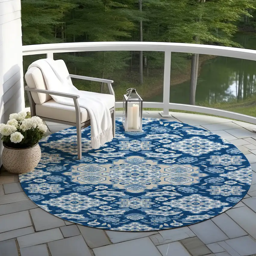 8' Navy Blue Gray And Ivory Round Medallion Washable Indoor Outdoor Area Rug Photo 5
