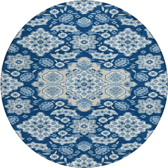 8' Navy Blue Gray And Ivory Round Medallion Washable Indoor Outdoor Area Rug Photo 4