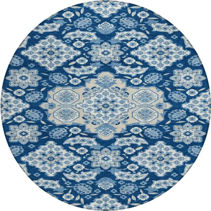 8' Navy Blue Gray And Ivory Round Medallion Washable Indoor Outdoor Area Rug Photo 4