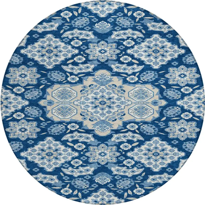 8' Navy Blue Gray And Ivory Round Medallion Washable Indoor Outdoor Area Rug Photo 3