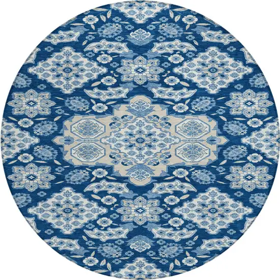 8' Navy Blue Gray And Ivory Round Medallion Washable Indoor Outdoor Area Rug Photo 3