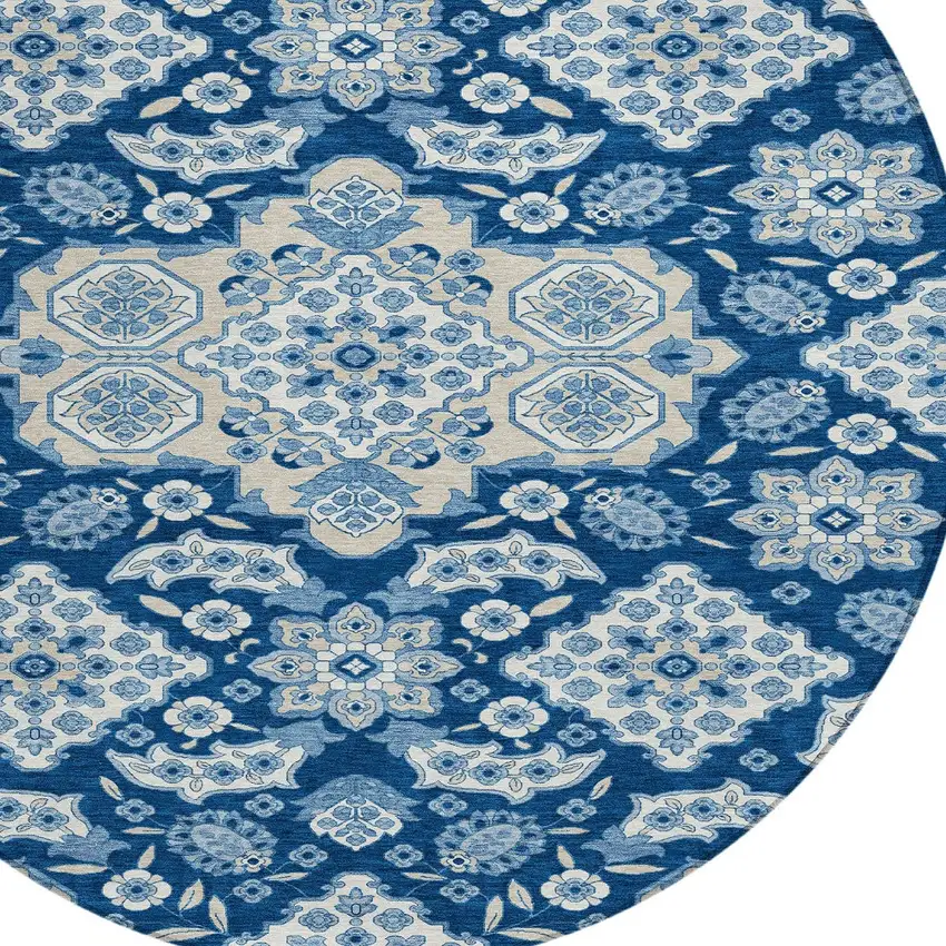 8' Navy Blue Gray And Ivory Round Medallion Washable Indoor Outdoor Area Rug Photo 8