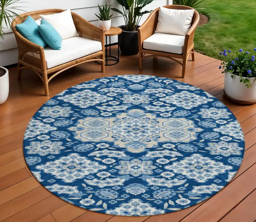 8' Navy Blue Gray And Ivory Round Medallion Washable Indoor Outdoor Area Rug Photo 2