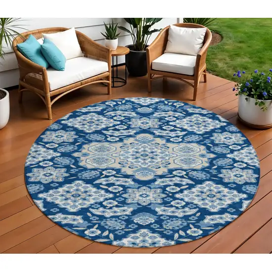 8' Navy Blue Gray And Ivory Round Medallion Washable Indoor Outdoor Area Rug Photo 2