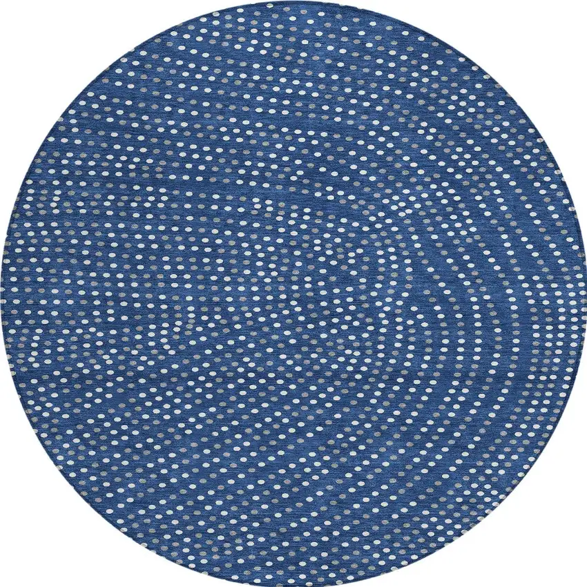 8' Navy Blue Gray And Ivory Round Polka Dot Washable Indoor Outdoor Area Rug Photo 5