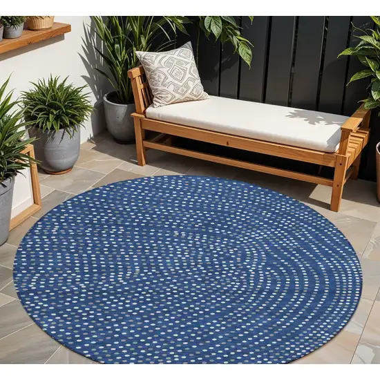 8' Navy Blue Gray And Ivory Round Polka Dot Washable Indoor Outdoor Area Rug Photo 1