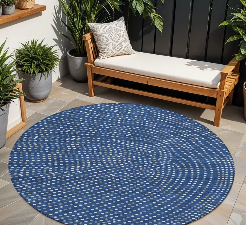 8' Navy Blue Gray And Ivory Round Polka Dot Washable Indoor Outdoor Area Rug Photo 1