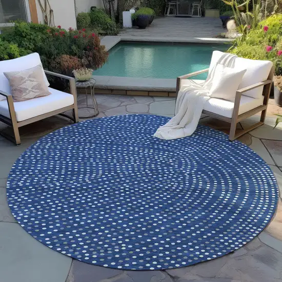 8' Navy Blue Gray And Ivory Round Polka Dot Washable Indoor Outdoor Area Rug Photo 6
