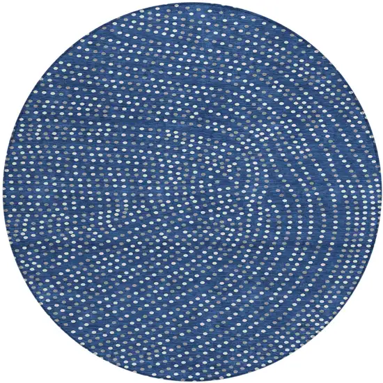 8' Navy Blue Gray And Ivory Round Polka Dot Washable Indoor Outdoor Area Rug Photo 2