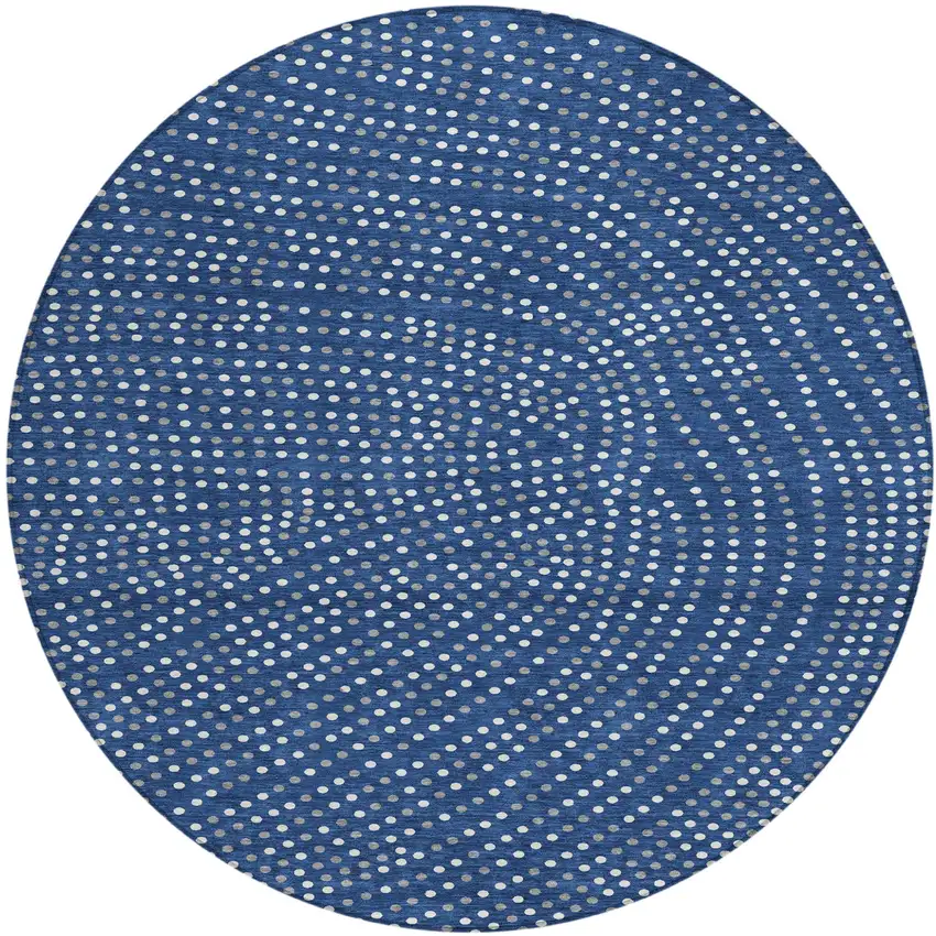 8' Navy Blue Gray And Ivory Round Polka Dot Washable Indoor Outdoor Area Rug Photo 2