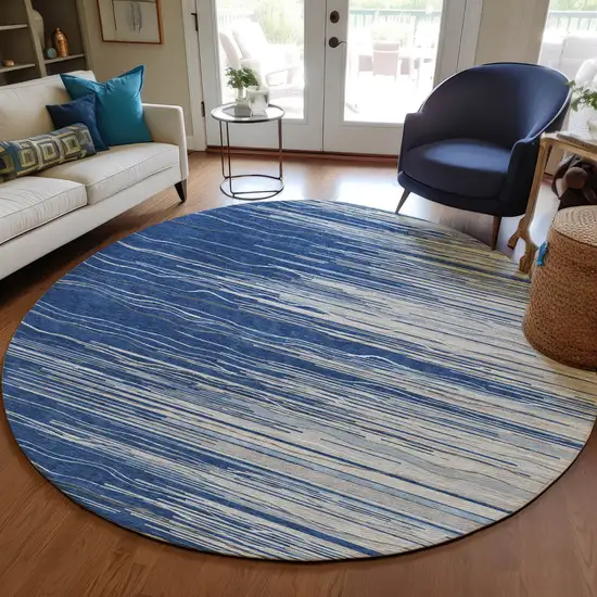 8' Navy Blue Gray And Ivory Round Striped Washable Indoor Outdoor Area Rug Photo 7