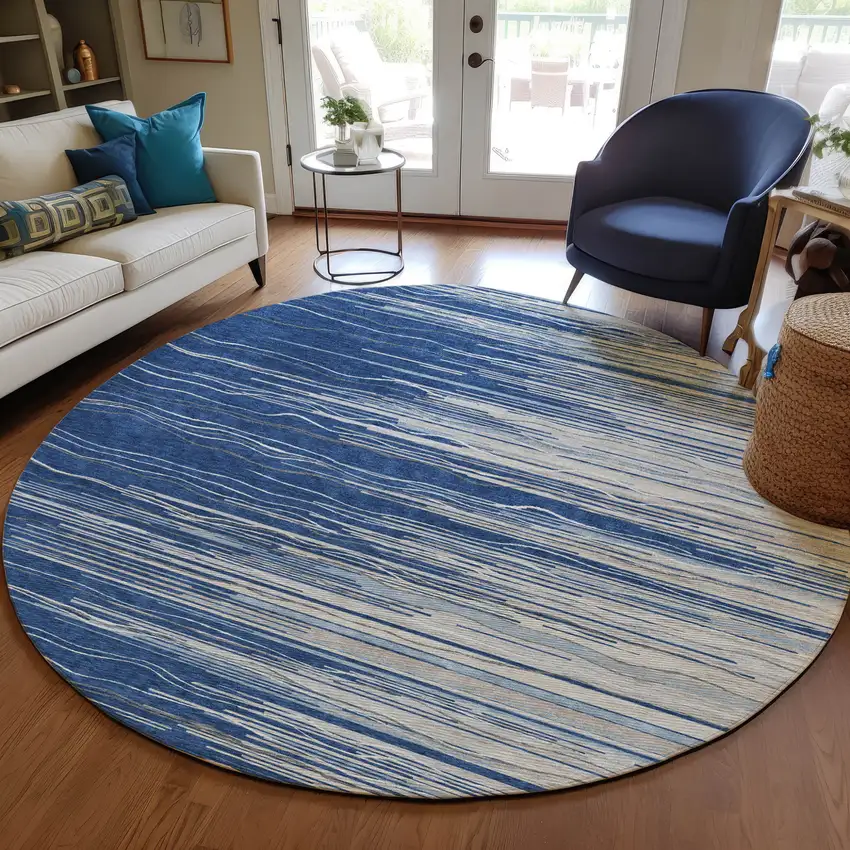 8' Navy Blue Gray And Ivory Round Striped Washable Indoor Outdoor Area Rug Photo 7