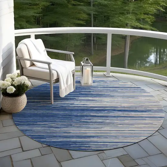 8' Navy Blue Gray And Ivory Round Striped Washable Indoor Outdoor Area Rug Photo 6