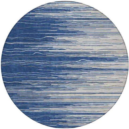 8' Navy Blue Gray And Ivory Round Striped Washable Indoor Outdoor Area Rug Photo 2