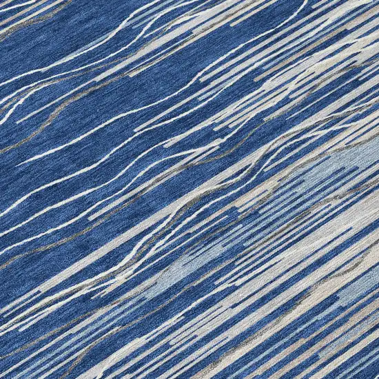 8' Navy Blue Gray And Ivory Round Striped Washable Indoor Outdoor Area Rug Photo 8