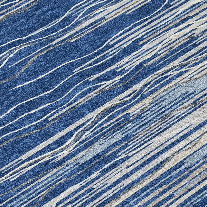 8' Navy Blue Gray And Ivory Round Striped Washable Indoor Outdoor Area Rug Photo 8