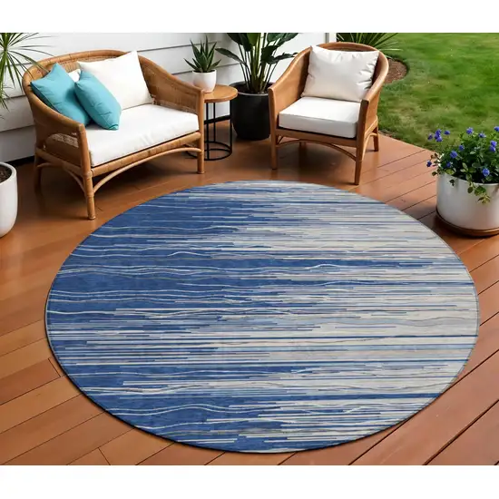 8' Navy Blue Gray And Ivory Round Striped Washable Indoor Outdoor Area Rug Photo 1
