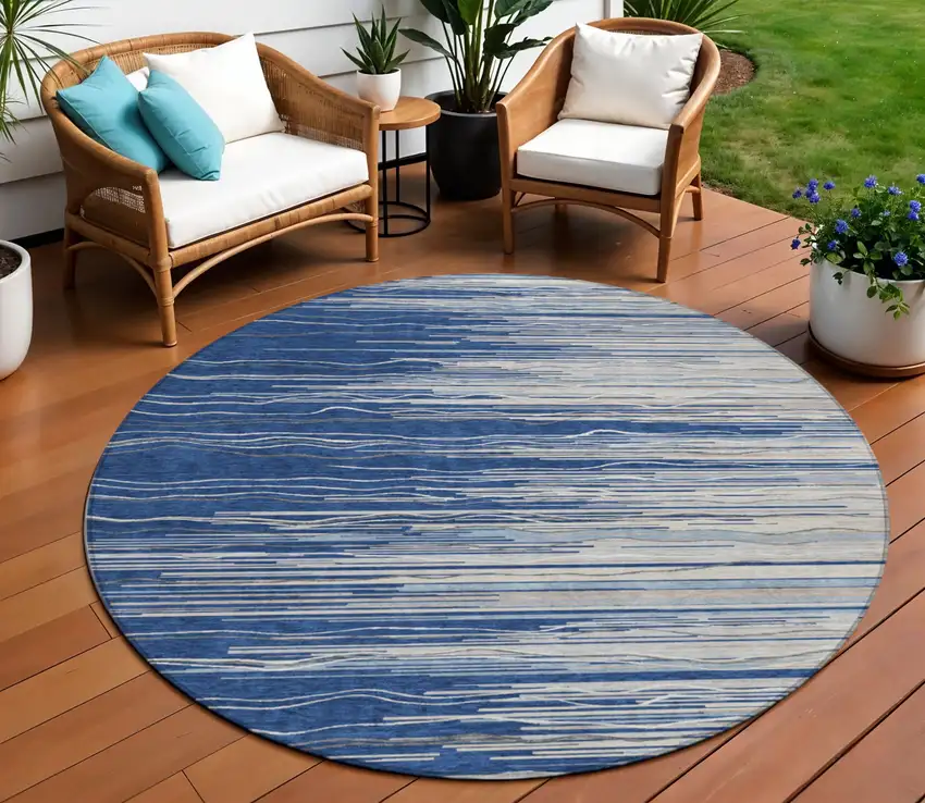 8' Navy Blue Gray And Ivory Round Striped Washable Indoor Outdoor Area Rug Photo 1