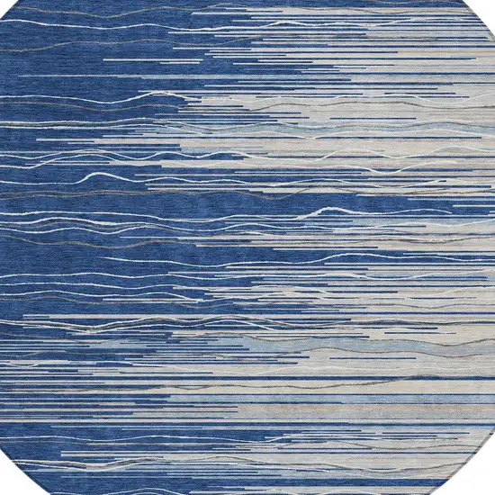 8' Navy Blue Gray And Ivory Round Striped Washable Indoor Outdoor Area Rug Photo 4