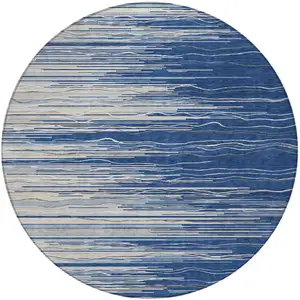 Photo of 8' Navy Blue Gray And Ivory Round Striped Washable Indoor Outdoor Area Rug