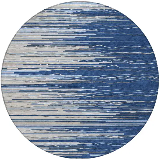 8' Navy Blue Gray And Ivory Round Striped Washable Indoor Outdoor Area Rug Photo 5