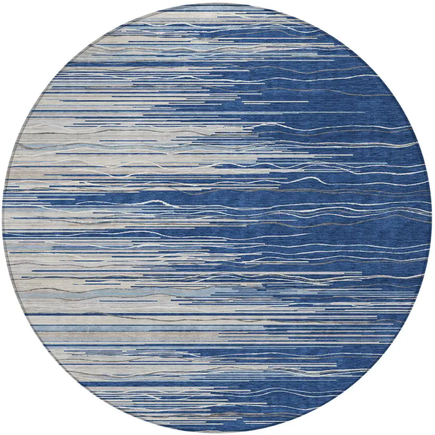 8' Navy Blue Gray And Ivory Round Striped Washable Indoor Outdoor Area Rug Photo 5