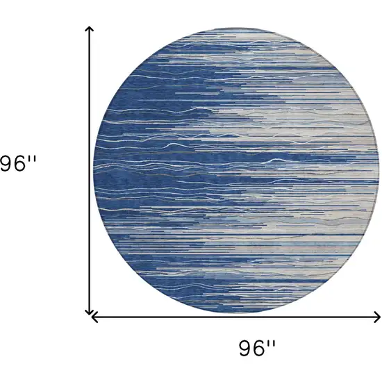 8' Navy Blue Gray And Ivory Round Striped Washable Indoor Outdoor Area Rug Photo 3