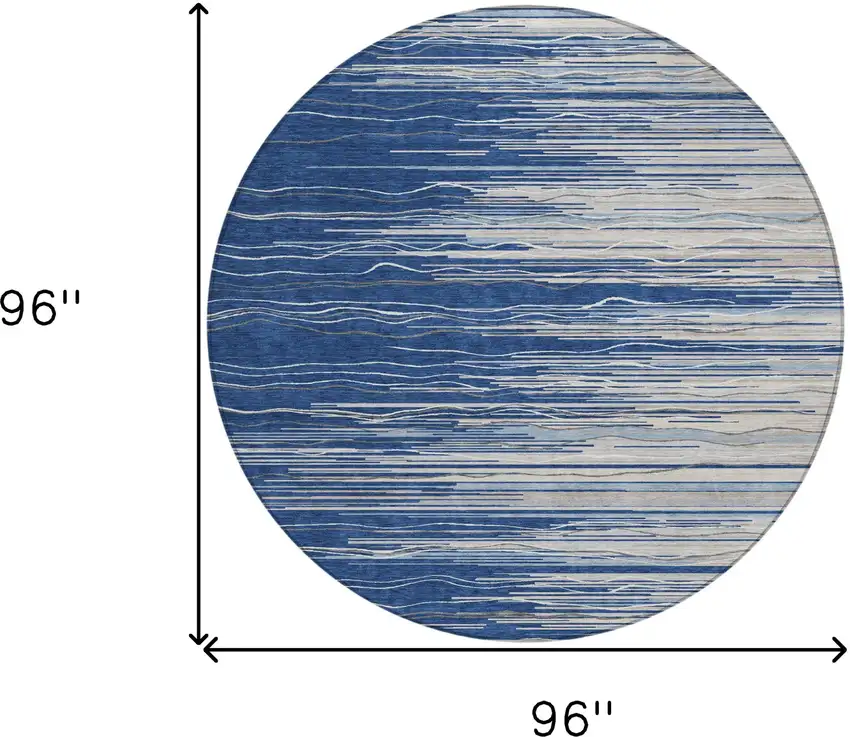 8' Navy Blue Gray And Ivory Round Striped Washable Indoor Outdoor Area Rug Photo 3