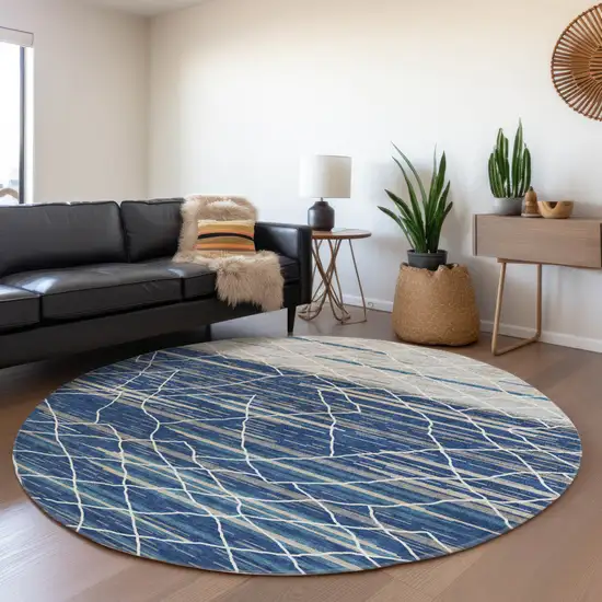 8' Navy Blue Gray And Ivory Round Striped Washable Indoor Outdoor Area Rug Photo 7