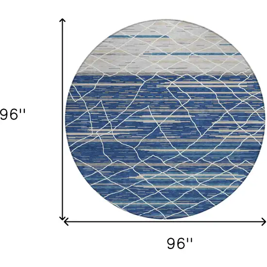 8' Navy Blue Gray And Ivory Round Striped Washable Indoor Outdoor Area Rug Photo 3