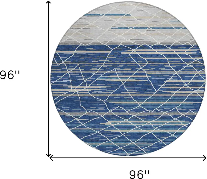 8' Navy Blue Gray And Ivory Round Striped Washable Indoor Outdoor Area Rug Photo 3